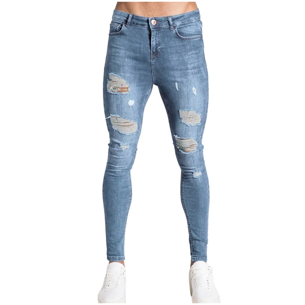 Light blue KANCOOLD брюки, обтягивающие мужские брюки из полиэстера, мужские модные джинсовые брюки с дырками, потертые джинсы, длинные узкие брюки, уличная одежда Nov1 - Цвет: Light blue