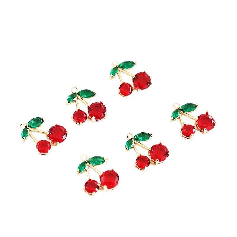 

Fresh red green cherry inlaid zircon 14K Gold Plated Pendant DIY jewelry earring bracelet key ring material 3pcs