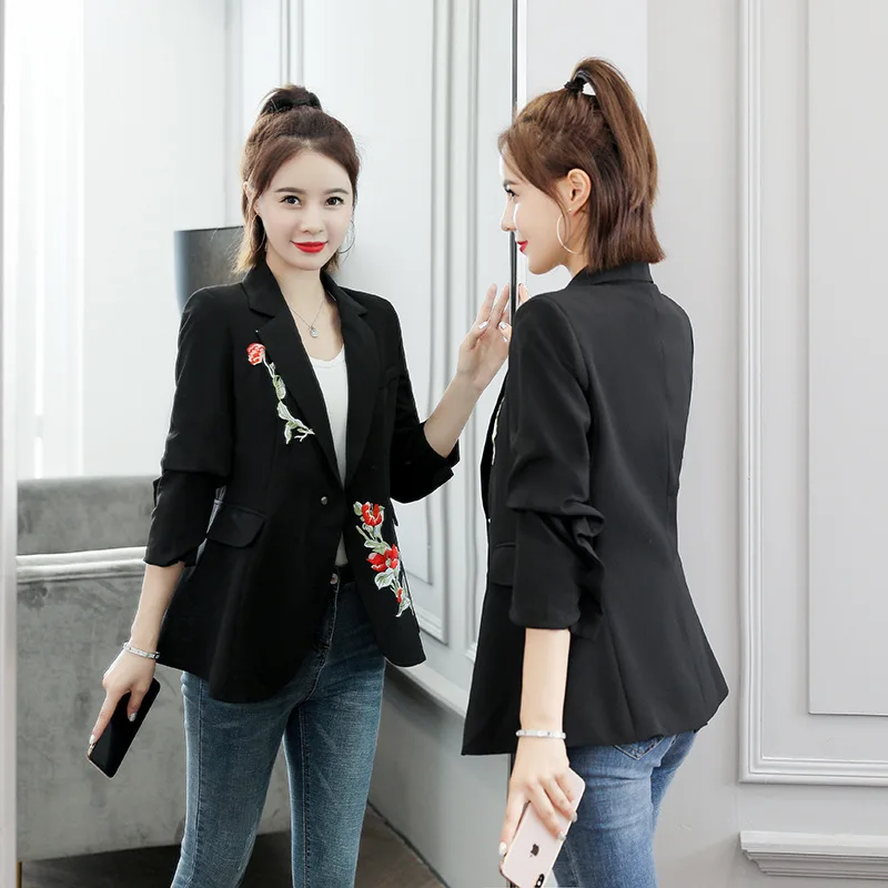 

2019 Spring And Autumn New Style Korean-style Fashion Casual Black Embroidery Versatile Small Suit Short Coat Ol Elegant WOMEN'S