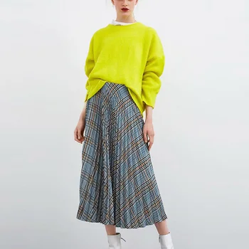 

2020 Spring Summer Plaid Pleated Skirt Elastic High Waist Midi Long A-line Skirts Womens Harajuku Preppy Style Vintage Skirt