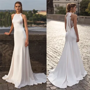 

Simple O-Neck Natural Slim Mermaid Wedding Dresses Fishtail Long Spring Lace Back Bride's Wedding Gowns Formal Petite Beach
