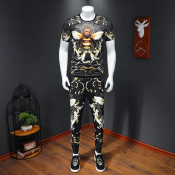 

Summer Bee Print Men Sets Fashion Ice Silk Short Sleeve Tshirts+pant 2pcs 2020 Tracksuit Sweat Suits Brand Men Clothes Big Size