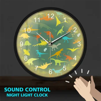 

Colorful Dinosaur With Arabic Numbers Metal Frame Luminous Wall Clock Sound Activated Nursery Kids Room Decorative Clocks Watch