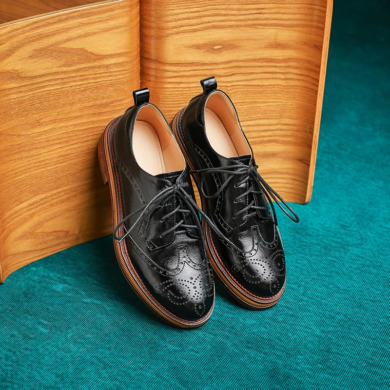 Women Genuine Leather Oxfords Shoes Hand-made Leisure Lace-up Brogues Wingtips Shoes for Ladies Autumn Flat shoes