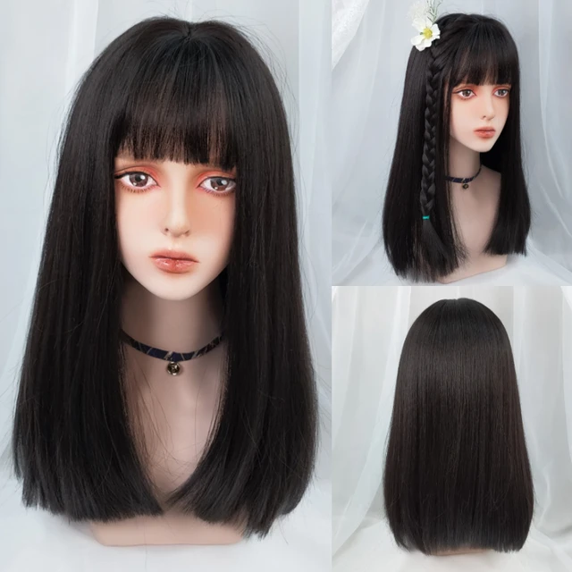 VICWIG Synthetic High Temperature Fiber Long Straight Wigs for Women Purple Gray Green Cosplay With Bangs Natural Hairpieces Natural Black