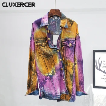 

2020 Autumn Women's Chic Tie-dye Printed Denim Jacket Streetwear Female Loose Cowboy Shirt Coat Tops