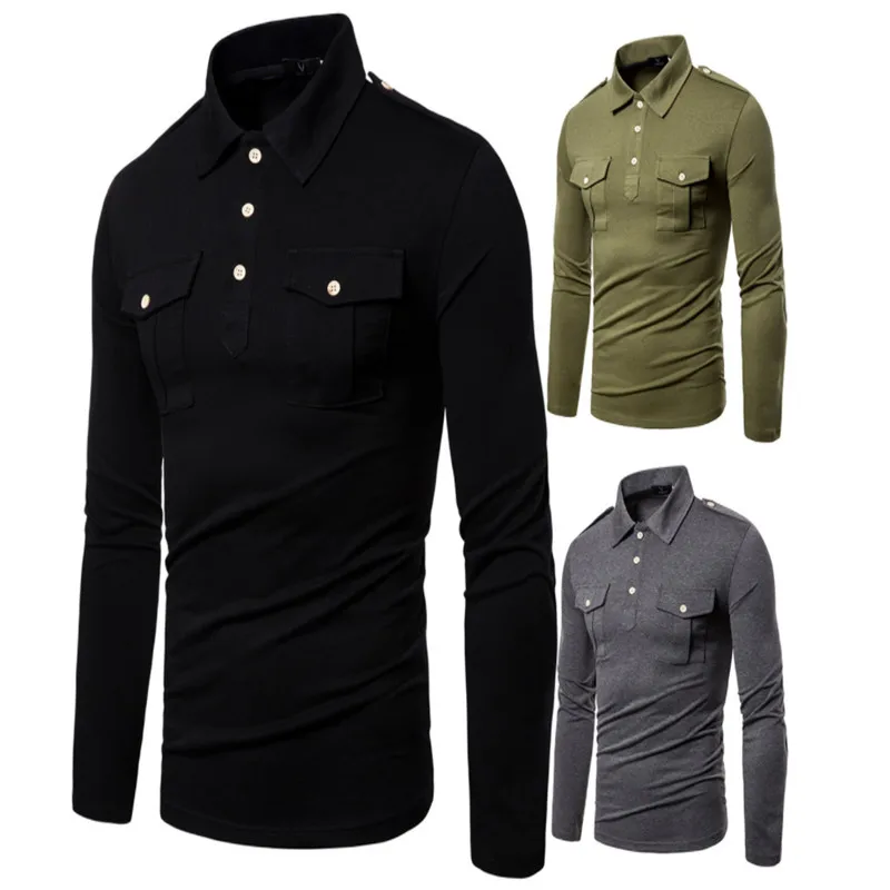 

New European Code 2019 Autumn Lapel Long-sleeved Polo Shirt High Quality Military Wind Pocket Decorative Shirt