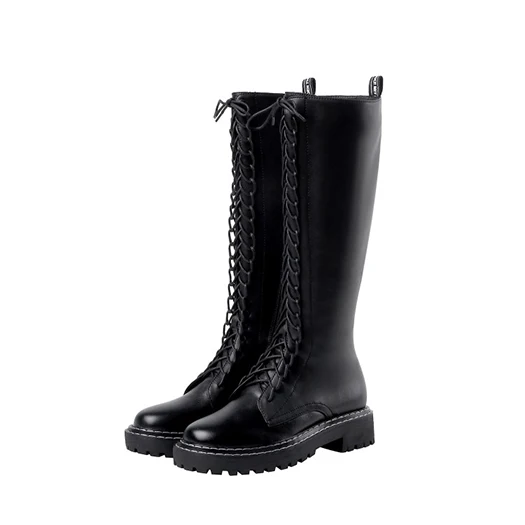 Черный Сбоку Сапоги на молнии на платформе, с помпоном в виде длинные обувь, увеличивающая рост, с круглым носком, на толстой подошве женские высокие сапоги для ботинки "Харадзюку" Сапоги выше колена высокая обувь со шнуровкой на платформе; осенние черные - Цвет: Черный