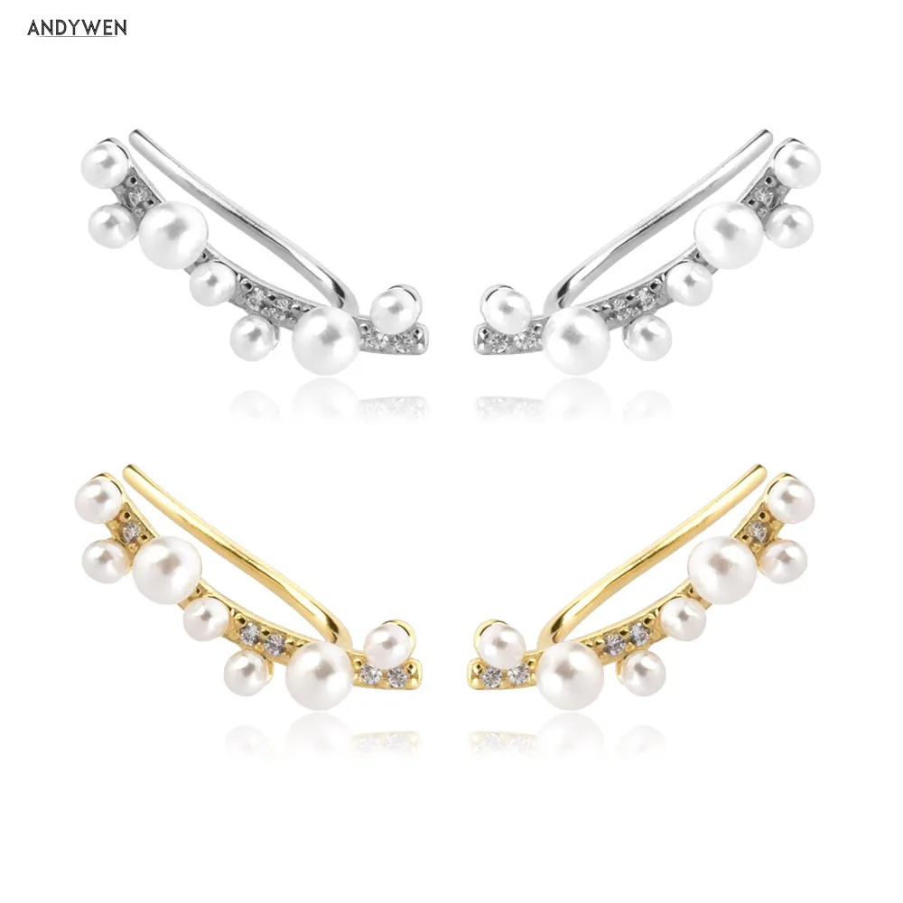 

ANDYWEN 925 Sterling Silver 2021 Line Pearl Climber Thread Ear Bar Stud Earring Piercing Stud Luxury Pearl Wedding Jewelry