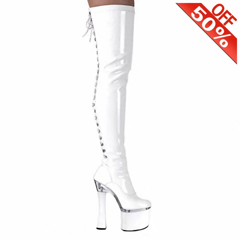 

18Cm High Heel Boots Chunky Heels Waterproof White Knee High Boots Lace Up Patent Leather 8 Inch Round Toe Fashion Pole Dancing