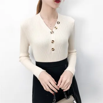 

New Fashion Button V-neck Sweater Women Spring Autumn Solid Knitted Sweaters Pullover Women Slim Soft Jumper Pull Female Knit To