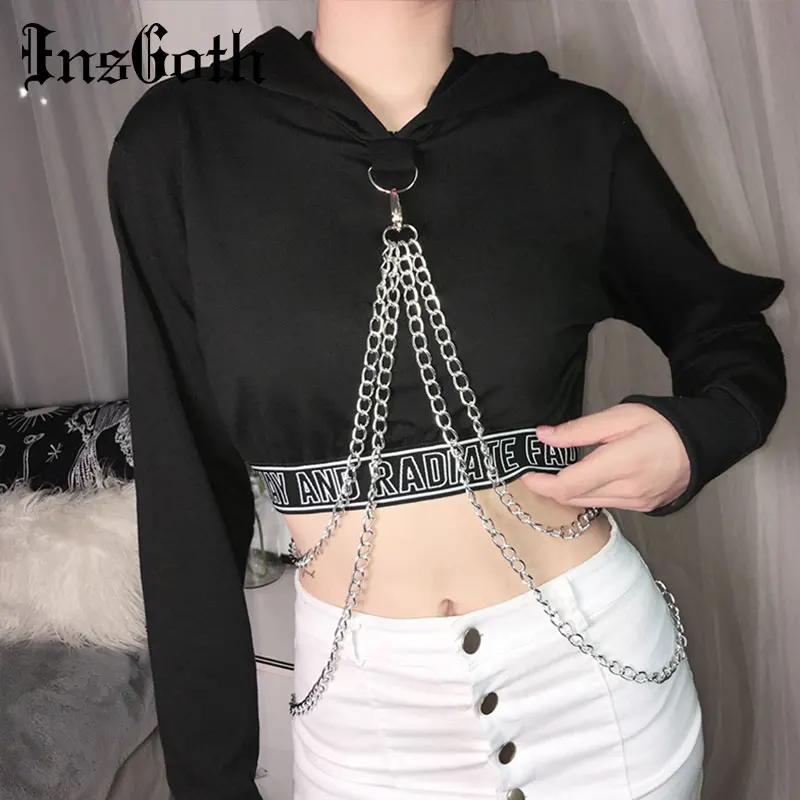 

InsGoth Black Cropped Hooded Sweatshirt Women Bodycon Chain Patchwork Pullover Hoodie Streetwear Female Hooded Slim Tops