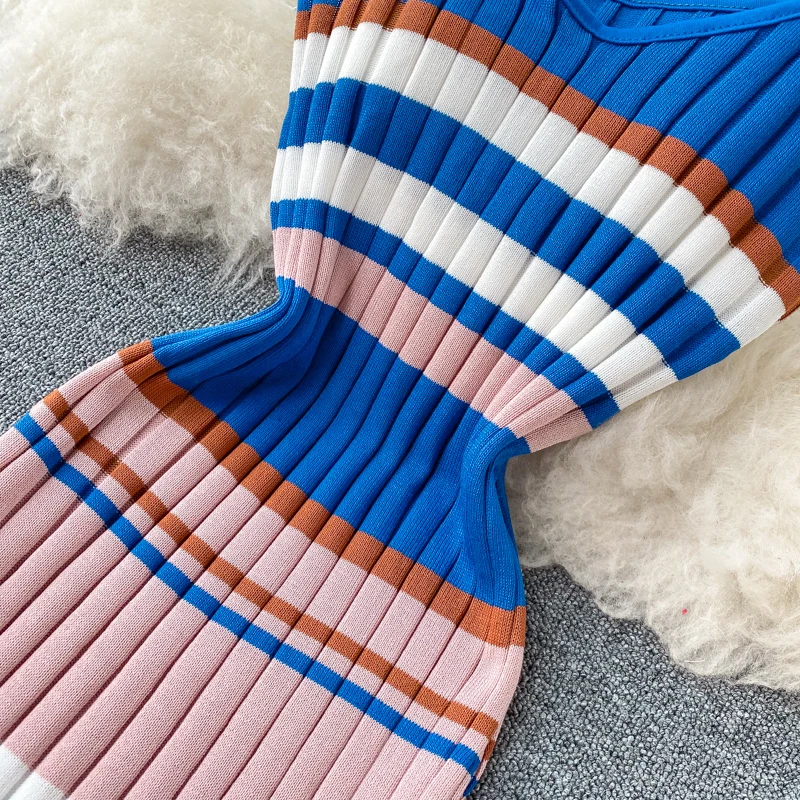 Vintage 2020 V Neck sexy striped print Slim Bodycon Knitted short Dress Summer Party Women spaghetti strap dress Club dresses