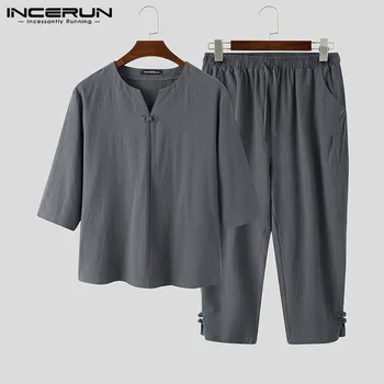 

INCERUN Chinese Style Men Sets Solid Color Vintage Half Sleeve V Neck Shirts Drawstring Pants Cotton Men Casual Suits Streetwear
