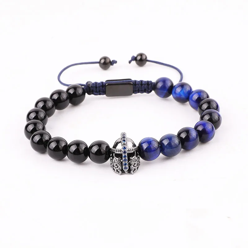 New Design Natural Stone Beads Blue Tiger Eye Helmet Charm Macrame Adjustable Bracelet Men - Image 5