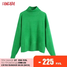 Tangada Women Green Turtleneck Knitted Sweater Jumper Female Elegant Oversize Pullovers Chic Tops BE334