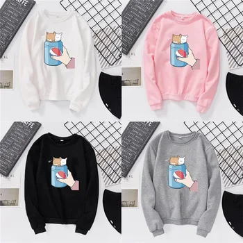 

Fashion Autumn Winter Women Sweatshirts Plus Velvet Loose Cola Can Cat Pattern Loose Printed Pullover Clothes W3