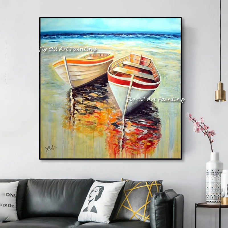 

Картина маслом ручной работы с изображением песчаного пляжа, Морского Пейзажа, настенный Декор для дома, абстрактная картина маслом с парусником