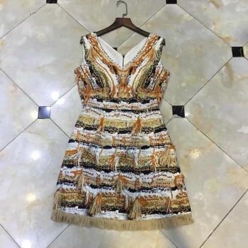 

Fashion Designer Dress Women's Summer Sleeveless Baroque Printed Tassel Beading