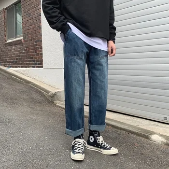 

Spring Jeans Men's Fashion Washed Solid Color Casual Overalls Jean Pants Man Streetwear Loose Hip Hop Denim Straight Trousers