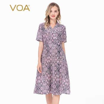 

VOA Snakeskin Printed Silk Collar Slim-Fit Skin-Friendly Simple Short-Sleeved Elegant Expandable Dress AX16