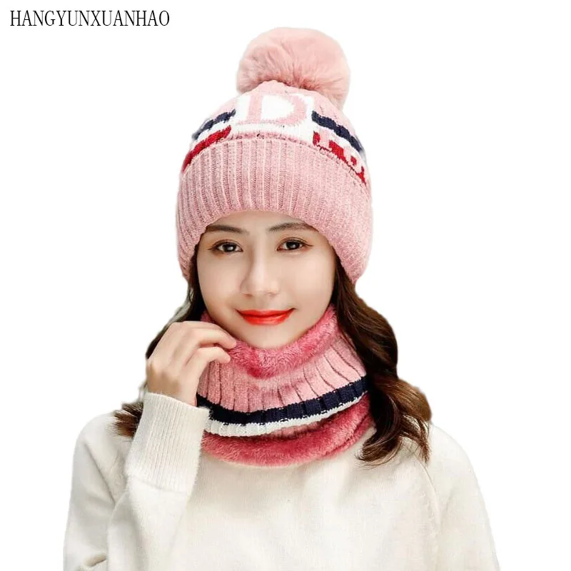 

New Brand New Winter Hat Women Warm Skullies Beanie Hats Lady Chenille Letter Knit Hat Bib Female Riding Sets 2 Wool Caps