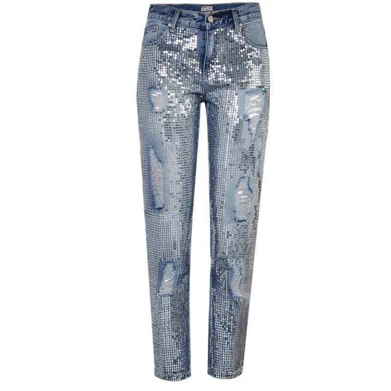 

Fashion Vintage Loose Ripped Sequins Jeans Pattern Women Hollow Out Sequins Embroidery Straight Jeans