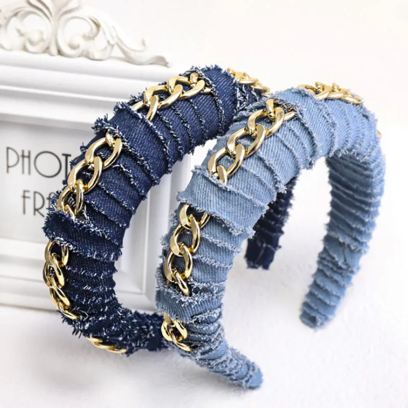 

DISCICI New Fashion Women Hairband Vintage Denim Headband For Adult Thickened Wide-sided Sponge Band Turban Hair Accessories