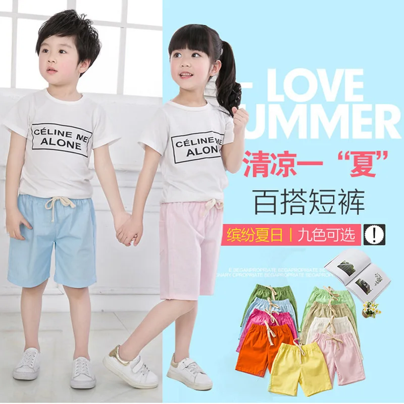 Детские хлопковые льняные шорты, Летние Новые Стильные пляжные шорты для мужчин и женщин, детские штаны, яркие цвета, льняные Популярные штаны