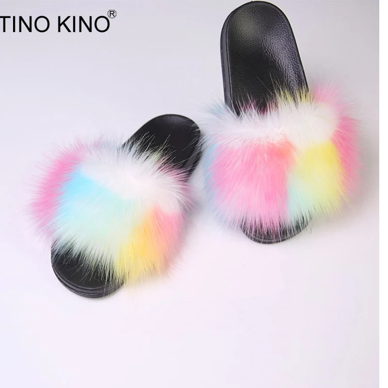 

TINO KINO Autumn Women Warm Flat Slippers Fashion Open Toe Colorful Plush Slippers Female Shoes Furry Ladies Casual Plus Size