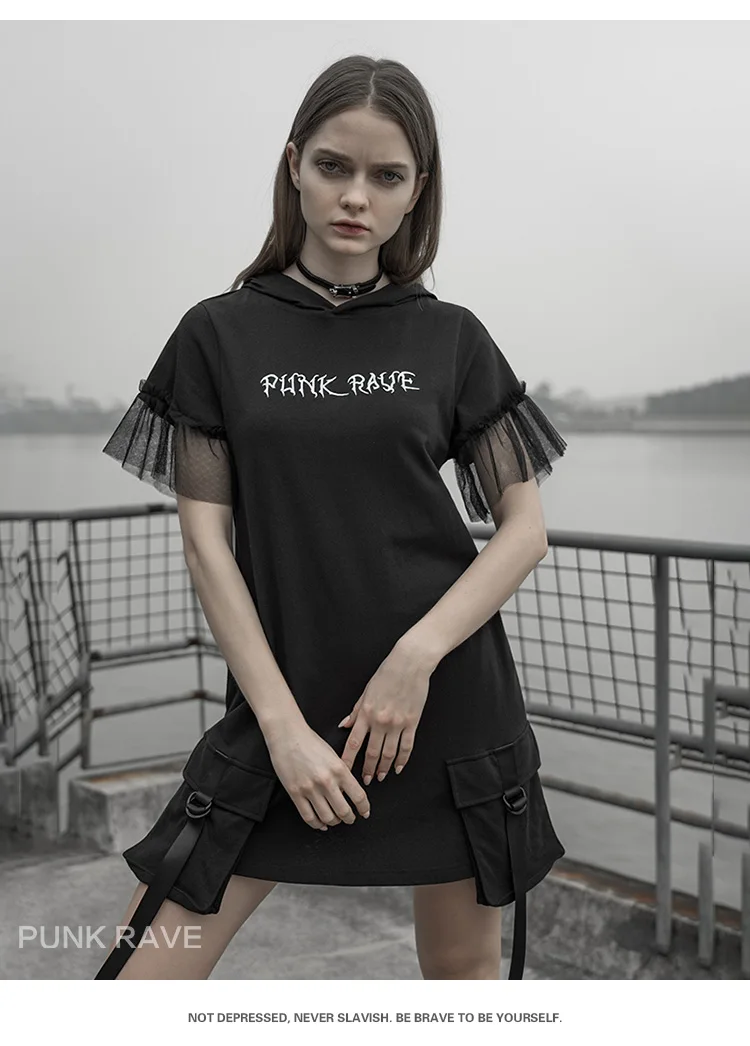 PUNKRAVE панк темное платье новое оснастка карман свободные тонкие вышитые платья женские