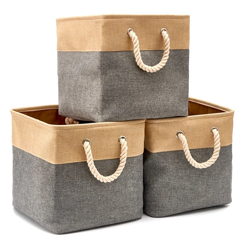 

3-Pack Collapsible Storage Bins Basket Foldable Canvas Fabric Tweed Storage Cubes Set with Handles for Babies Nursery Toys Org