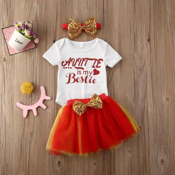 

3PCS Baby Girl Auntie is my Bestie Short Sleeve Tops Outfit Birthday Party Clothes Romper Cake Tutu Dress Headband Ball Gown