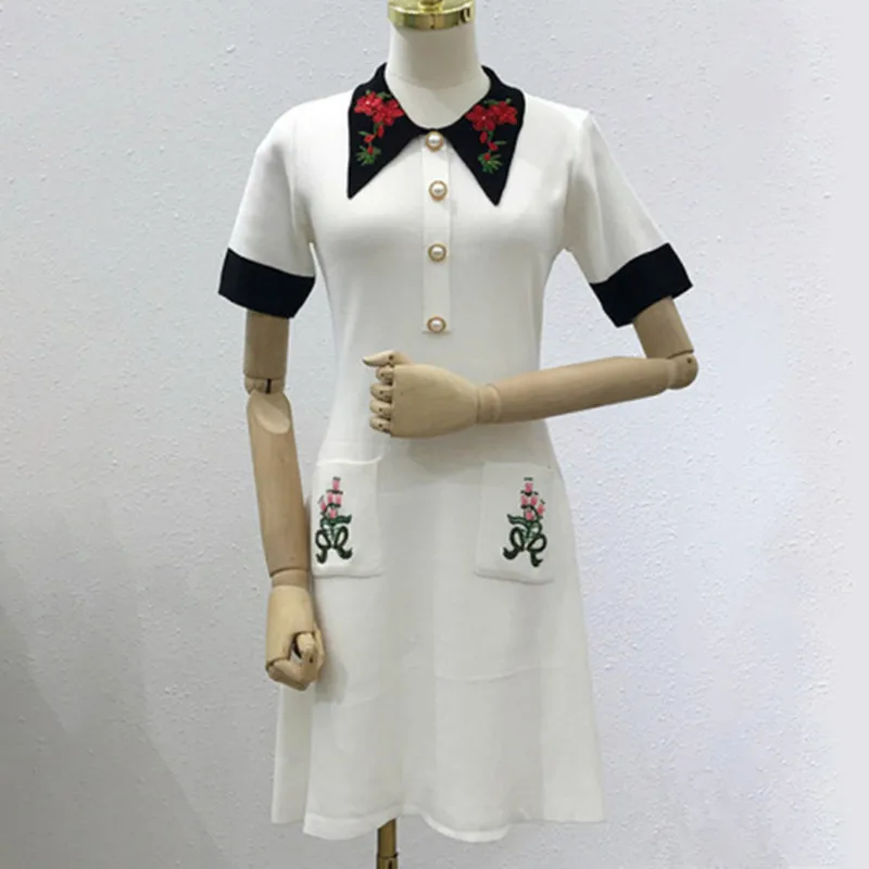 

2019 Summer Women Party Foral Embroidery Dress Female short Sleeve Slim Elegant Vestidos knit chic England style sweater Dresses