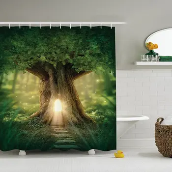 

Forest Tapestry Green Decor by g, Spring Time Sunset Moss Woods Leaf Wilderness Fantasy Magical View, Bathroom Shower