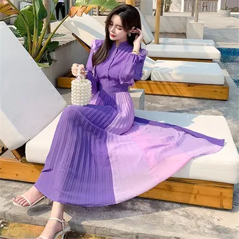 

Elegant Purple Ruffles Chiffon Dress Women Stand Collar Lantern Sleeve Hit Color Pleated Dress Patchwork Long Maxi Dress A762