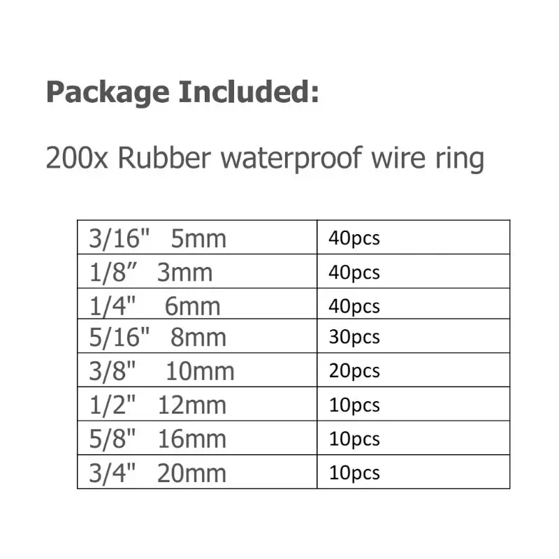 200Pcs/box Rubber Grommet Gasket Kits for Wire Cable Black Assortment Set