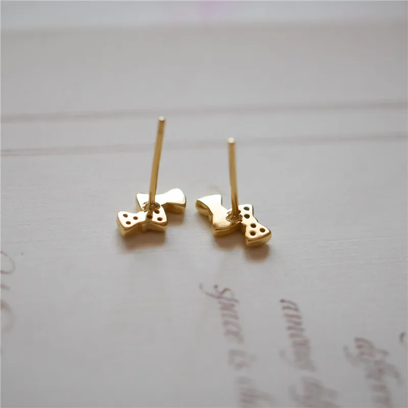 925 Sterling Silver Simple Bow Stud Earrings Women Pavé Crystal Sweet Romantic Goddess 14K Gold Plating Jewelry Accessories Gift
