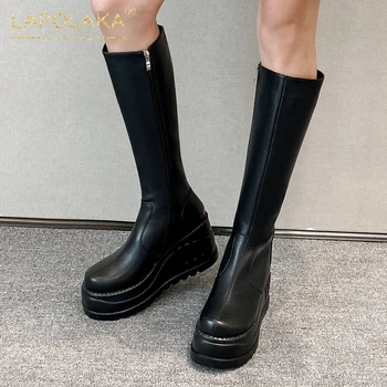

Lapolaka New Fashion Genuine Leather High Heels Mid Calf Boots Woman Shoes Platform Zip Up Autumn Boots Ladies Footwear