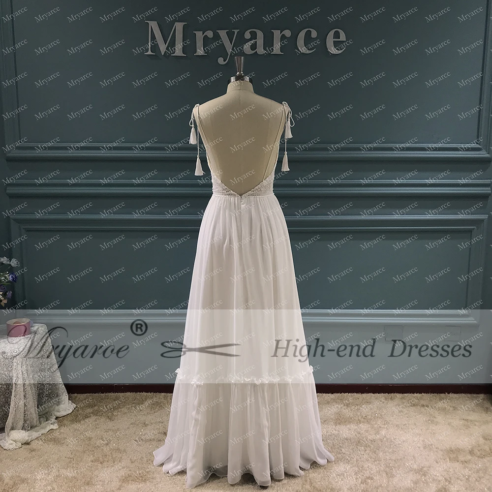 Mryarce 2020 New Boho Chic Lace Wedding Dress Open Back Flowy Chiffon Bridal Gowns  (9)
