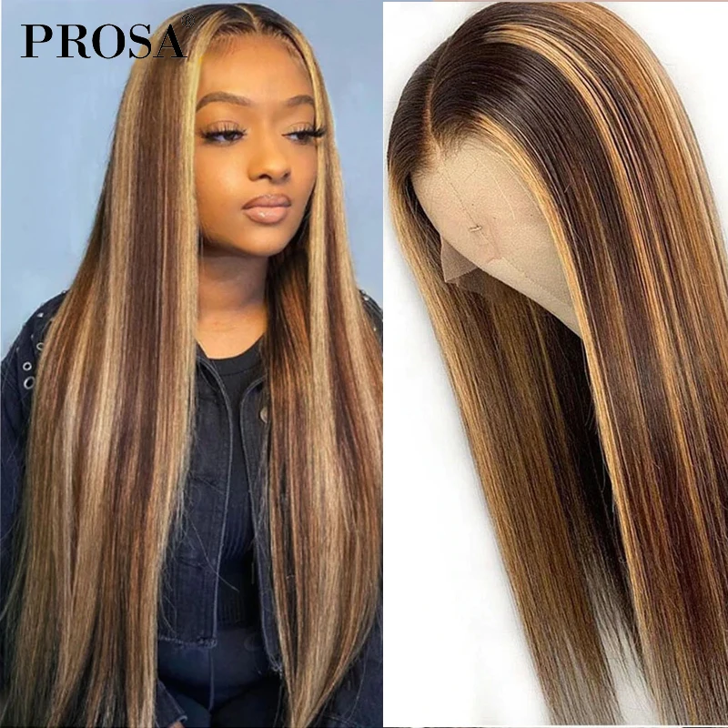 

HD 5x5 Lace Closure Wig Brazilian Highlight Straight Wig 130% Long Human Hair Natural Remy Fake Hair Color Hairpiece for Women