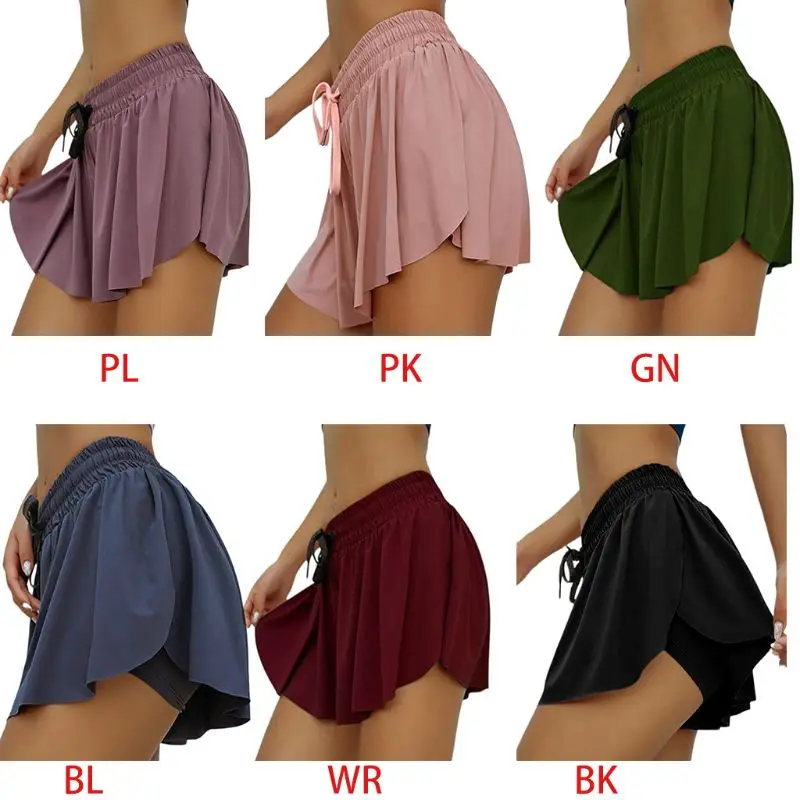 Women Summer 2 In 1 Marathon Gym Shorts with Liner Pleated Flowy Split Drawstring Waist Loose Sport Leggings