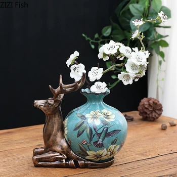 

Resin Vase Deer Base Vases for Flowers Office Study Desktop Furnishings Flower Pot Floral Arrangement American Rustic Home Decor