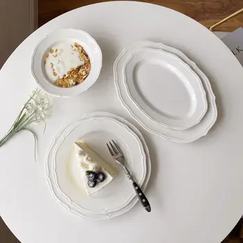 

Pure White French Retro Lace Embossed Dinner Plate Creative Simple Ceramic Disc Salad Cereal Breakfast Soup Bowl Kitchen Cheese