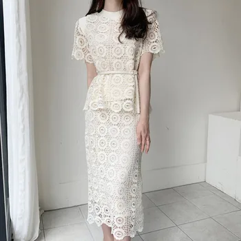 

Office Lady Elegant Lace Two Pieces Set Summer Fashion Round Pattern Solid Blouse Hight Wasit Maxi Skirt Women's 2 Pieces Suit