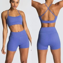 Conjunto de yoga sem costura roupas de treino para as mulheres cor pura esportes fitness terno curto cintura alta calções yoga esporte bra conjuntos