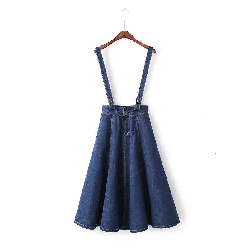 

2017 Spring New Style WOMEN'S Dress Two-Button Big Hemline Cowboy Strap Dress Full Skirt Skirt 8245
