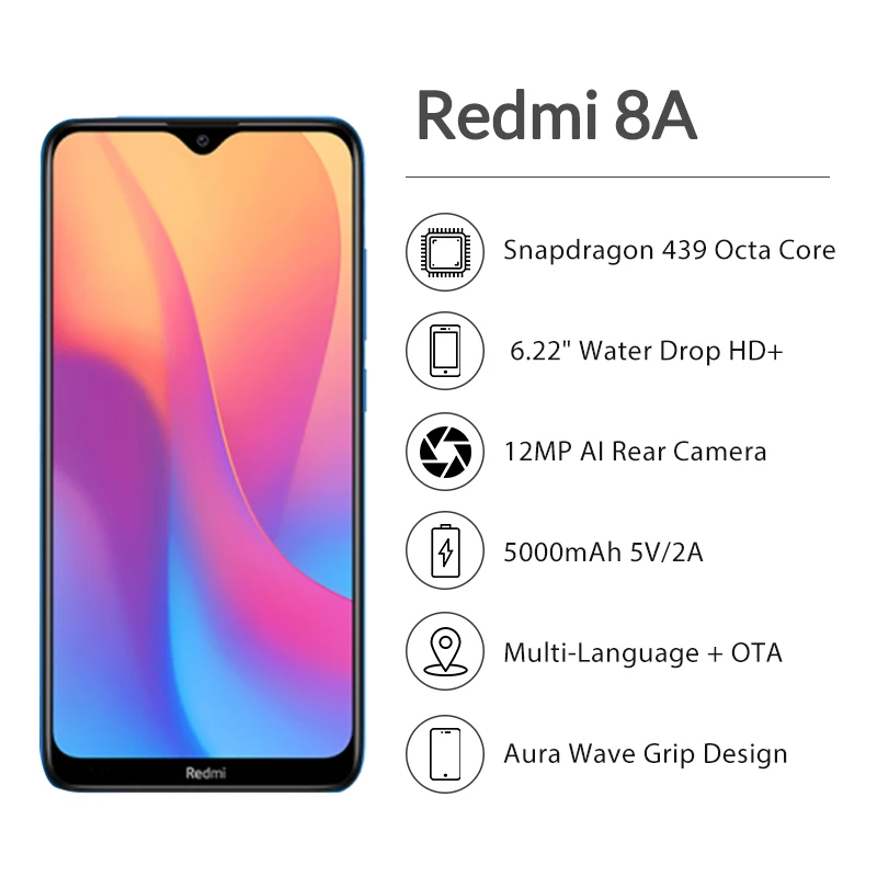 Xiaomi Redmi 8A 8 A с глобальной версией, 2 Гб, 32 ГБ, 6,22 дюйма, Восьмиядерный мобильный телефон Snapdargon 439, 5000 мАч, смартфон с камерой 12 МП