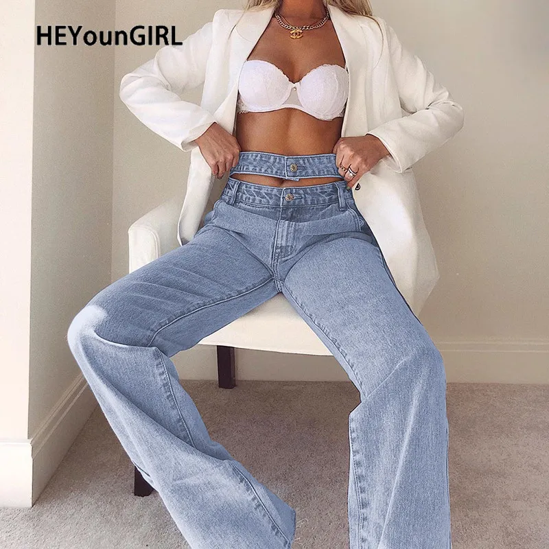 HEYounGIRL Double High Waisted Jeans Pants Women Hollow Out Casual Straight Long Trousers Fashion Streetwear Pants Capris Autumn