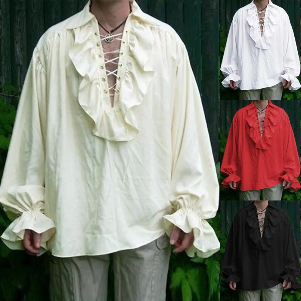 Medieval Renaissance Lacing Up Shirt Bandage Tops For Adut Men Larp Vintage Costume Fluffy Long Sleeve Male Plus Size S-5XL |